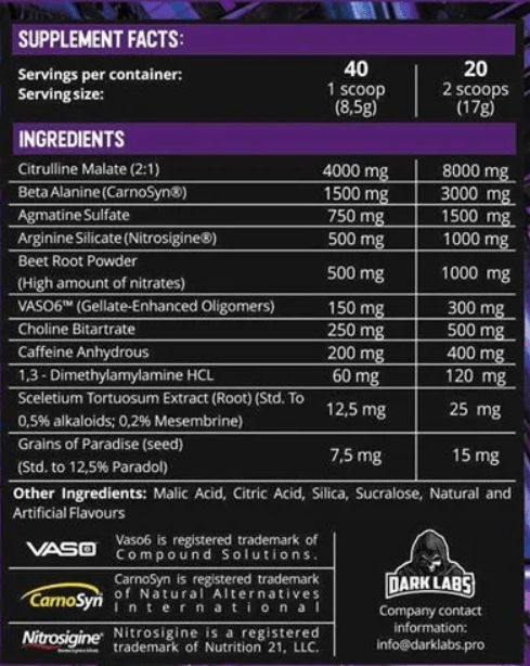 Dark Labs Crack Ingredient Label