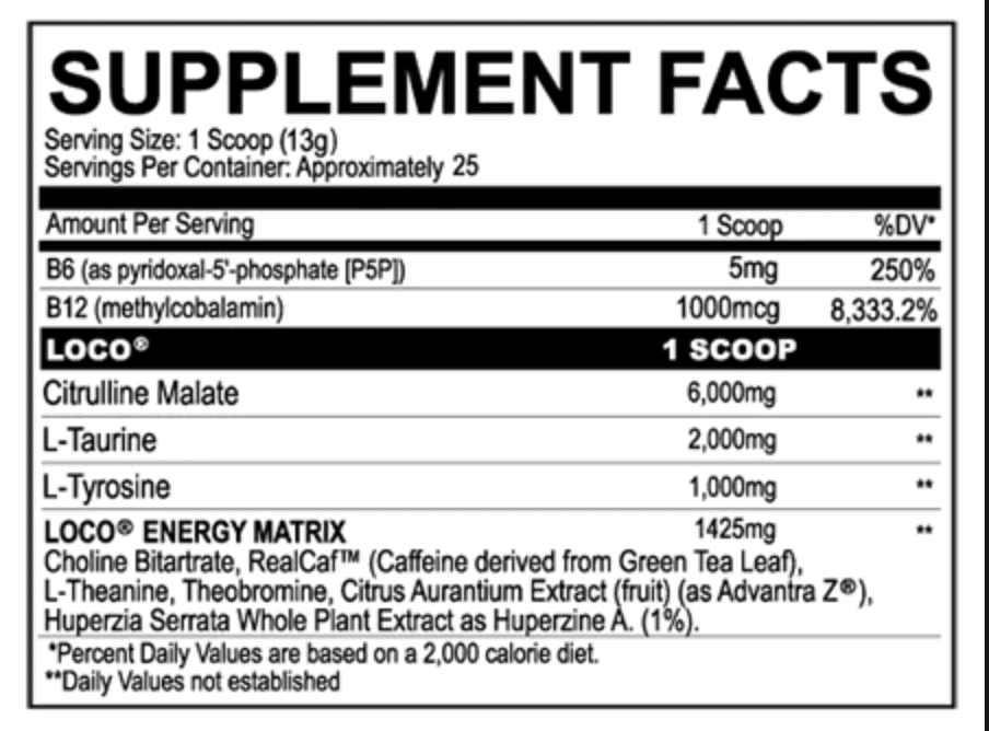 Myoblox Loco Pre Workout Ingredients Label