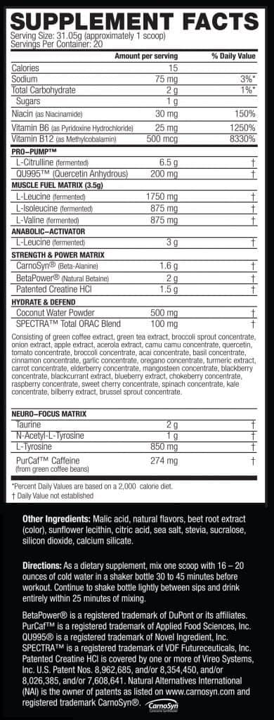 Kaged Muscle Pre-Kaged Pre Workout Ingredients Label