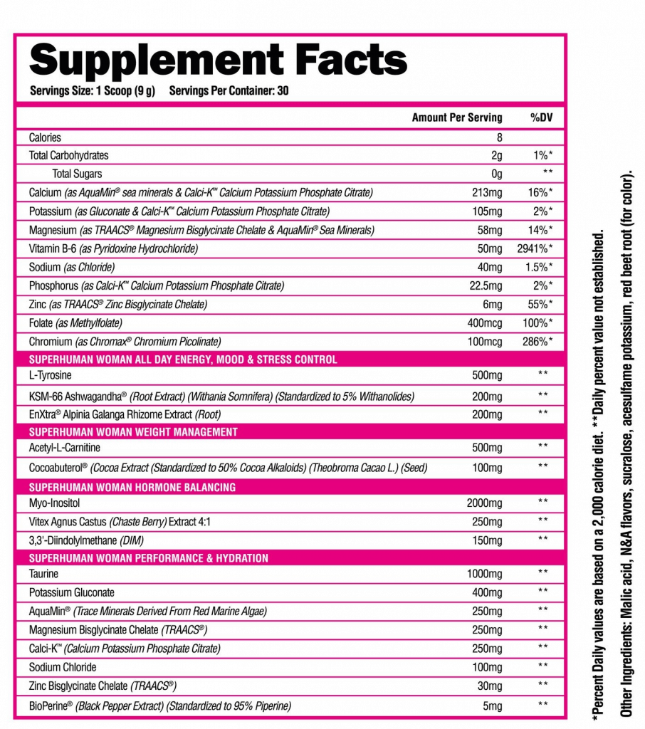 Superhuman Woman Pre Workout Ingredients Label