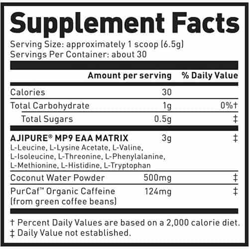 Kaged Muscle Amino Synergy with Caffeine Ingredients Label