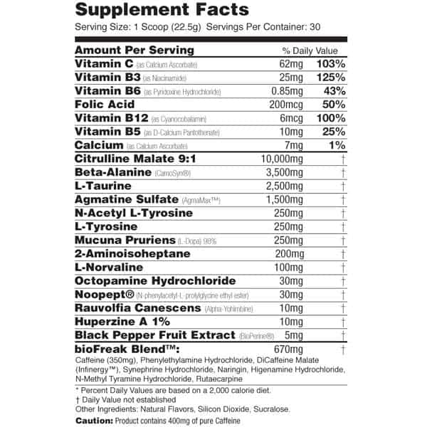 Super Bio Freak Pre Workout Ingredients