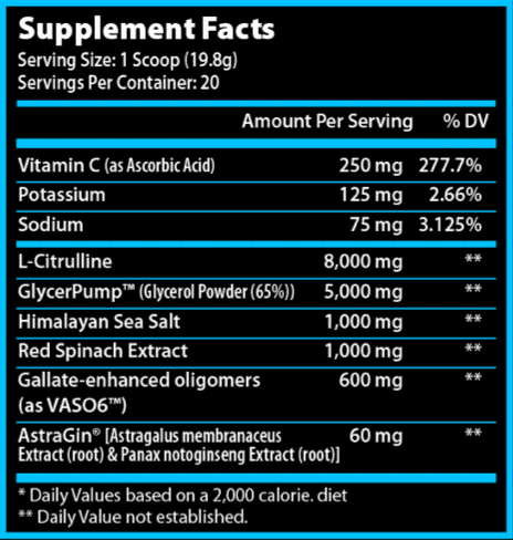 Vaso PMP Pre Workout Ingredients