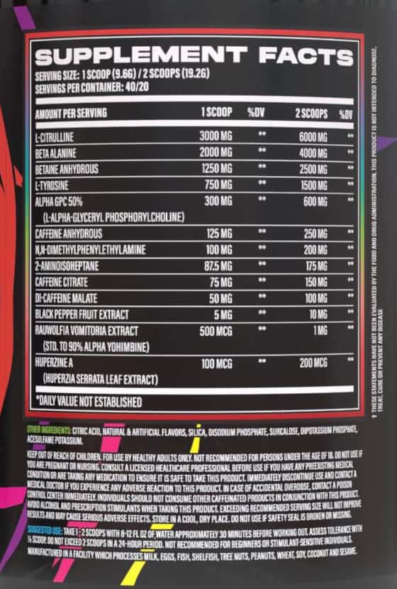 Wrecked Extreme Pre-Workout Ingredient Label